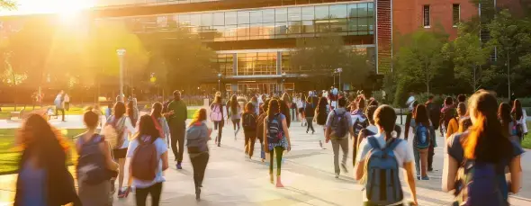 Students walking together side-by-side on a campus.