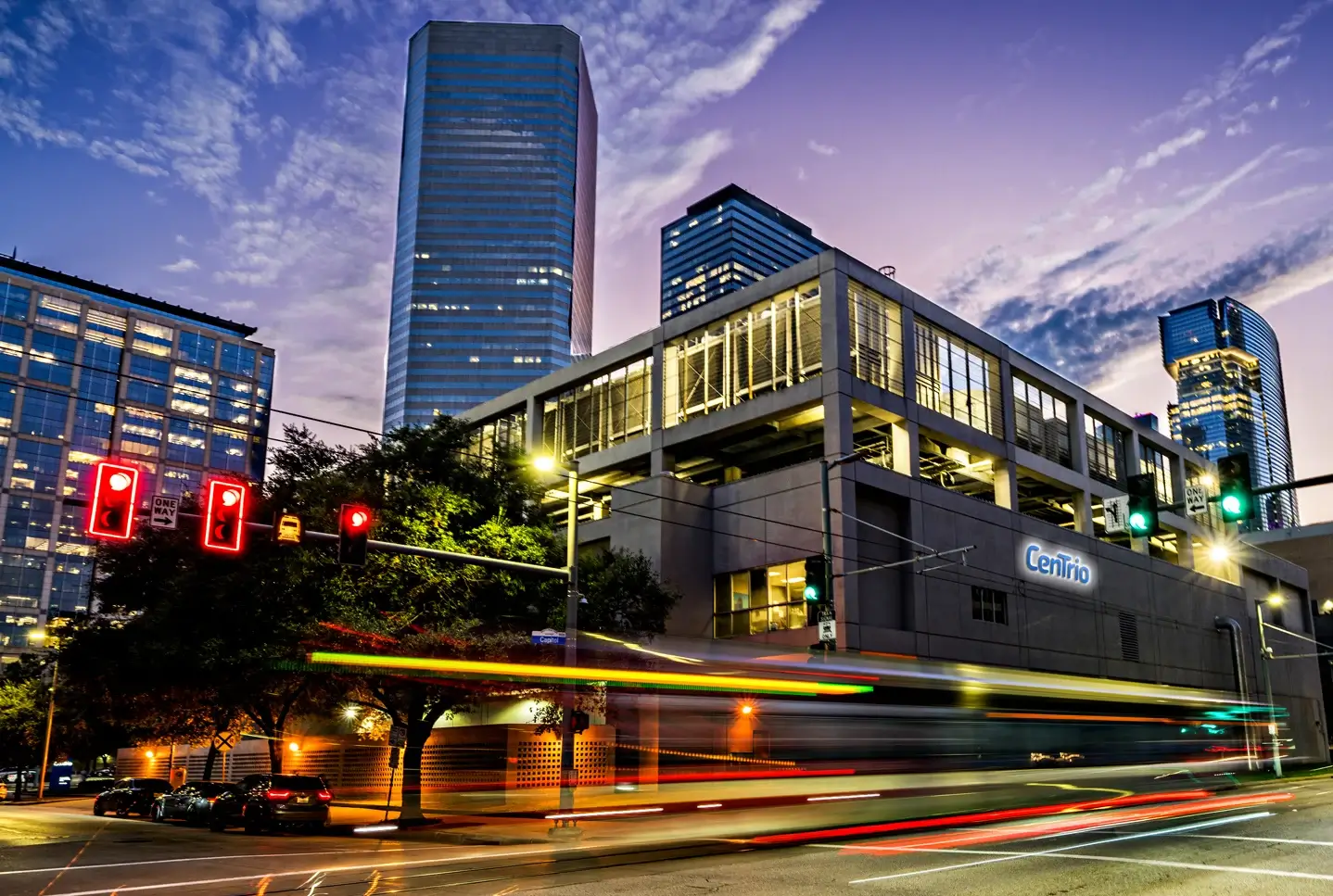 Dusk photo of our downtown Houston plant.