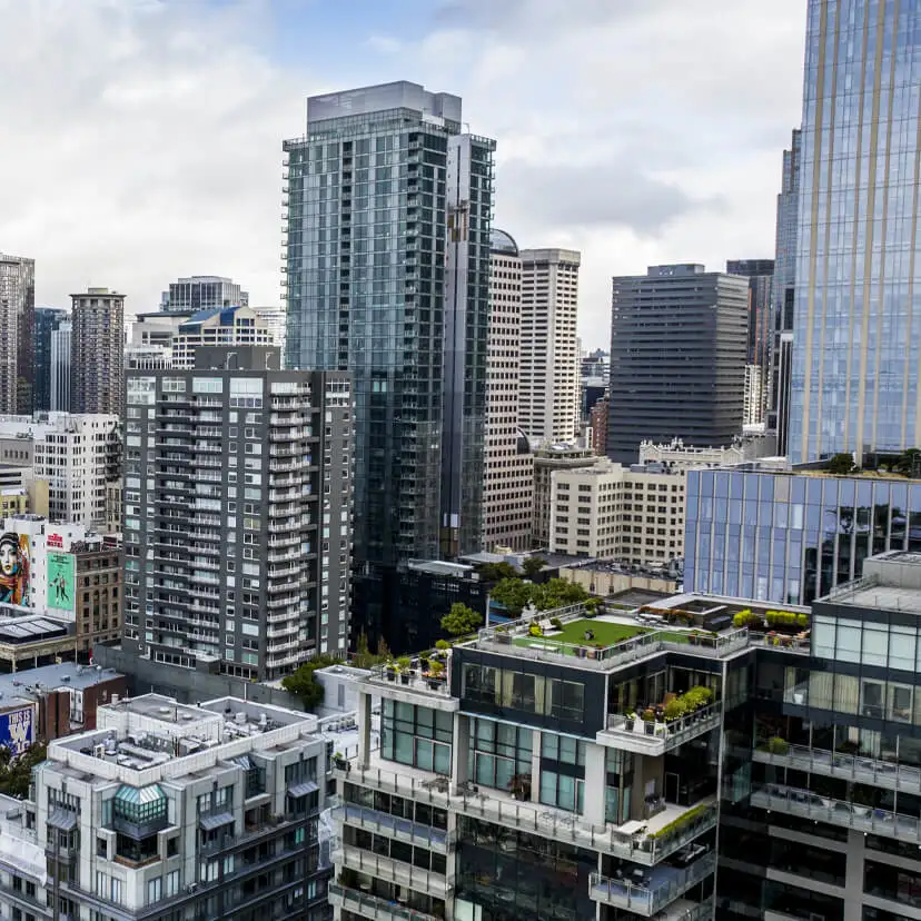 Close up shot of multiple buildings in downtown Seattle, WA