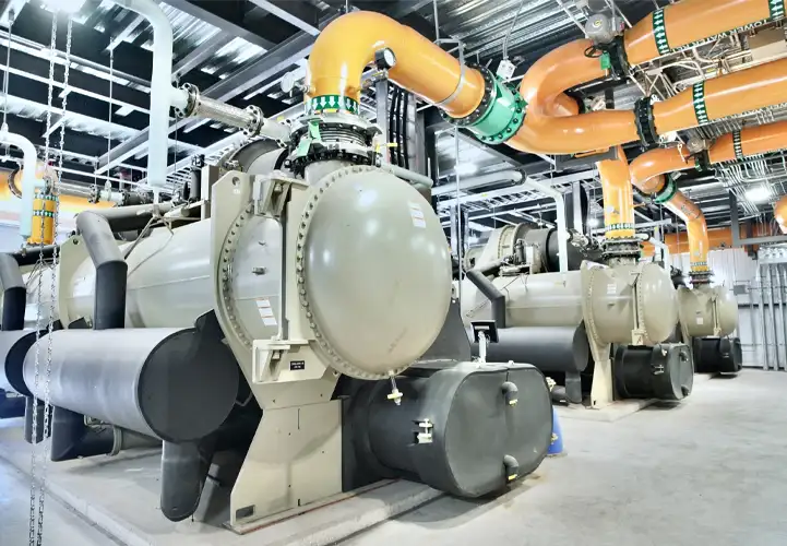Multiple pieces of equipment and orange and white piping from the inside of our CenTrio Syracuse University Plant in Syracuse, NY.