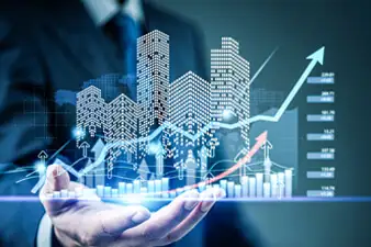 Business hand showing futuristic skyline with finance graph, smart city concept, economic growth, investment planning, real estate tech, digital economy, data trend.