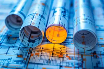 Blueprints on a table with four rolled up blueprints on top with one having an orange light glow effect making it stand out from the others