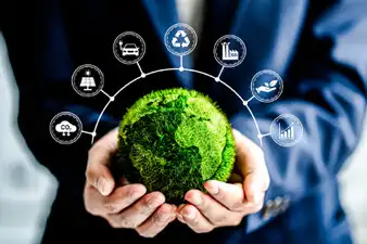 Businessman holding green ball globe with ESG icon concepts for Environment, Social, Governance, net zero, carbon neutrality goals.