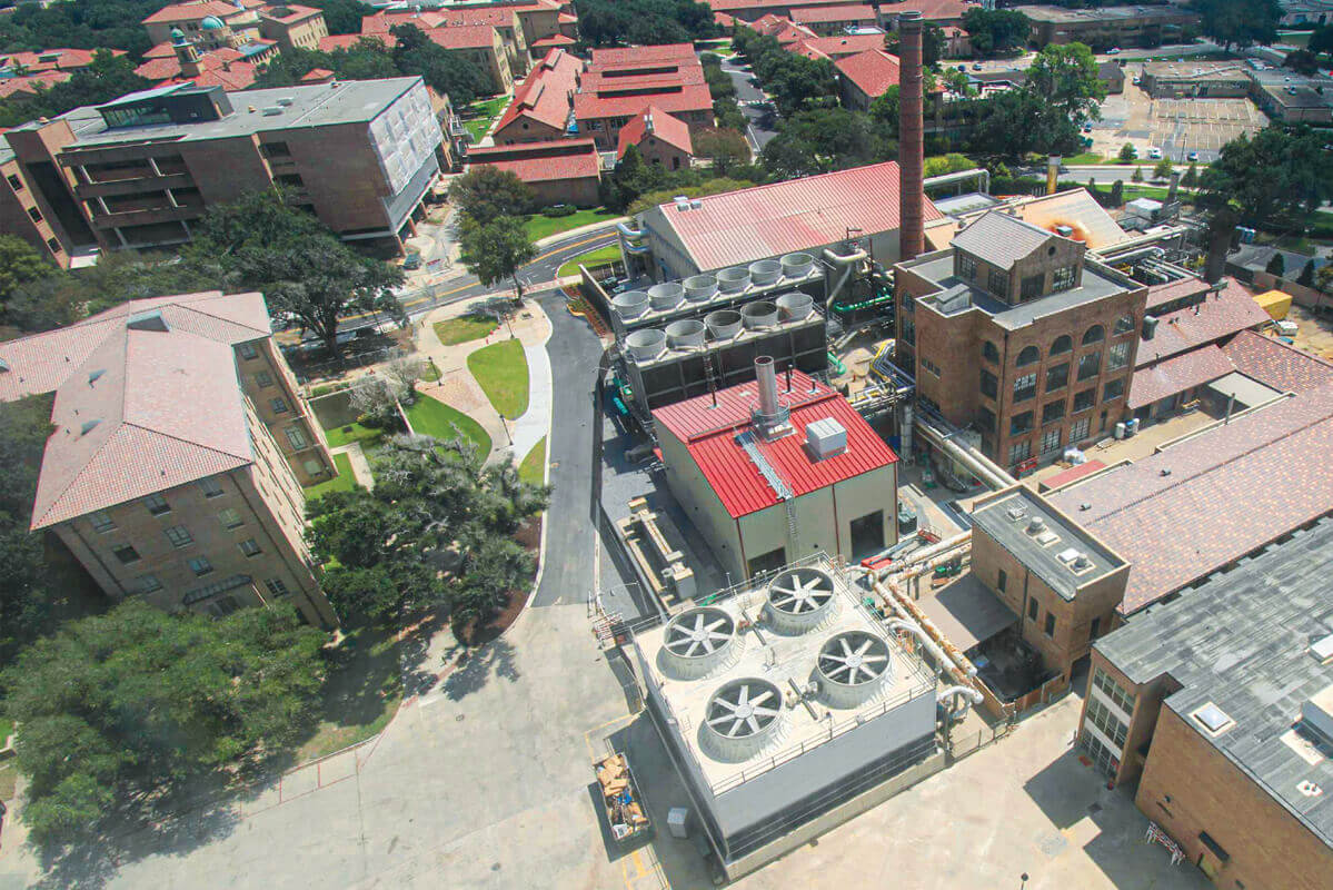 Exterior aerial view photo of our CenTrio plant on campus at Louisiana State University.