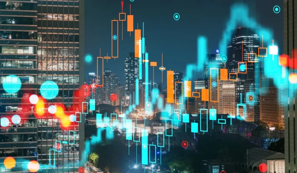Night cityscape overlaid with colorful digital holograms, representing data. Graphic design on an urban background. Technology concept. Double exposure