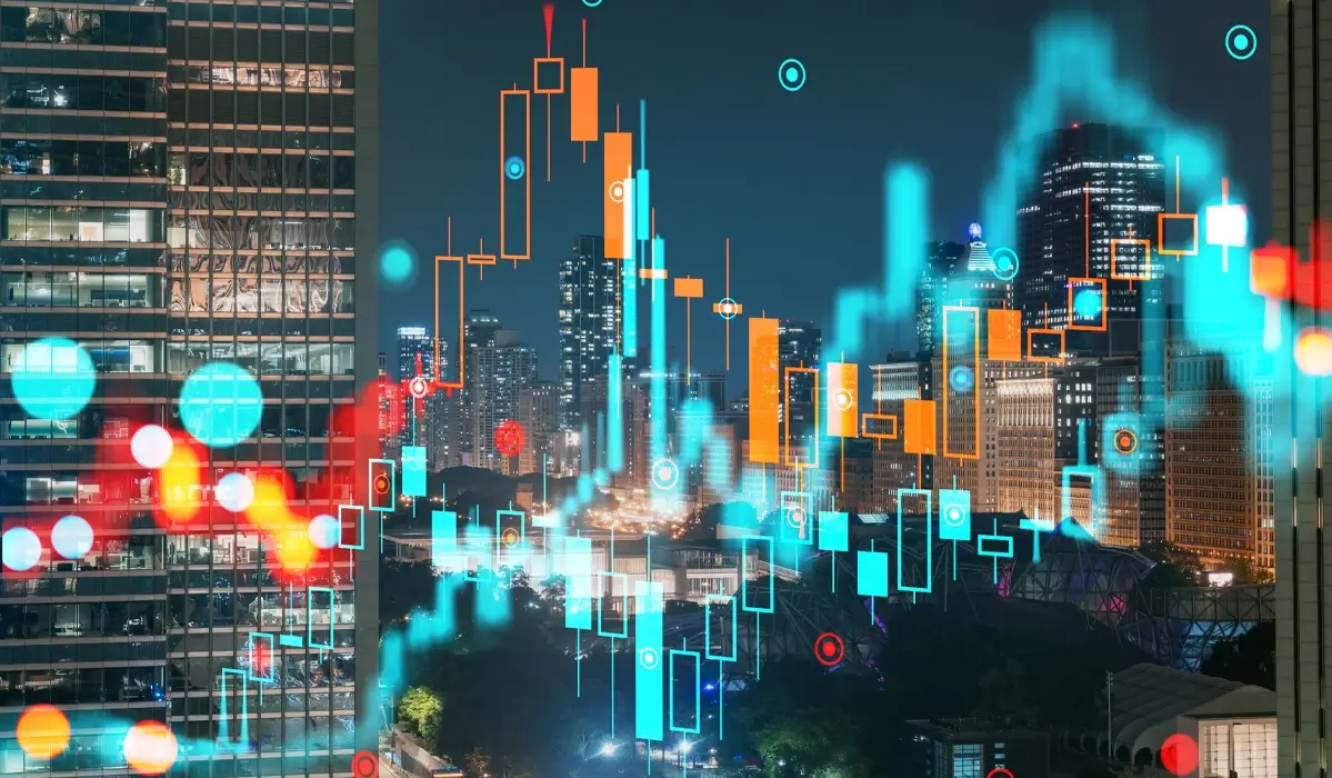 Night cityscape overlaid with colorful digital holograms, representing data. Graphic design on an urban background. Technology concept. Double exposure