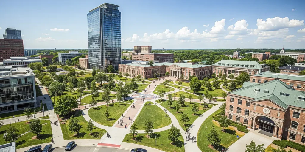Large aerial view of a generic campus with multiple buildings and people walking around different concrete paths.