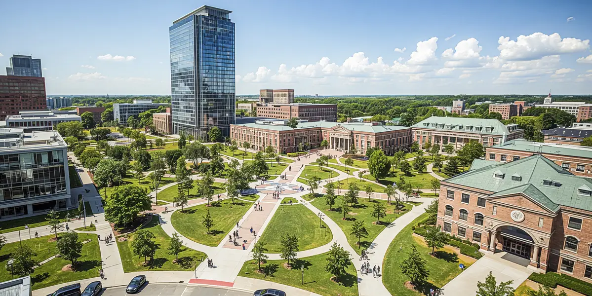 Large aerial view of a generic campus with multiple buildings and people walking around different concrete paths.
