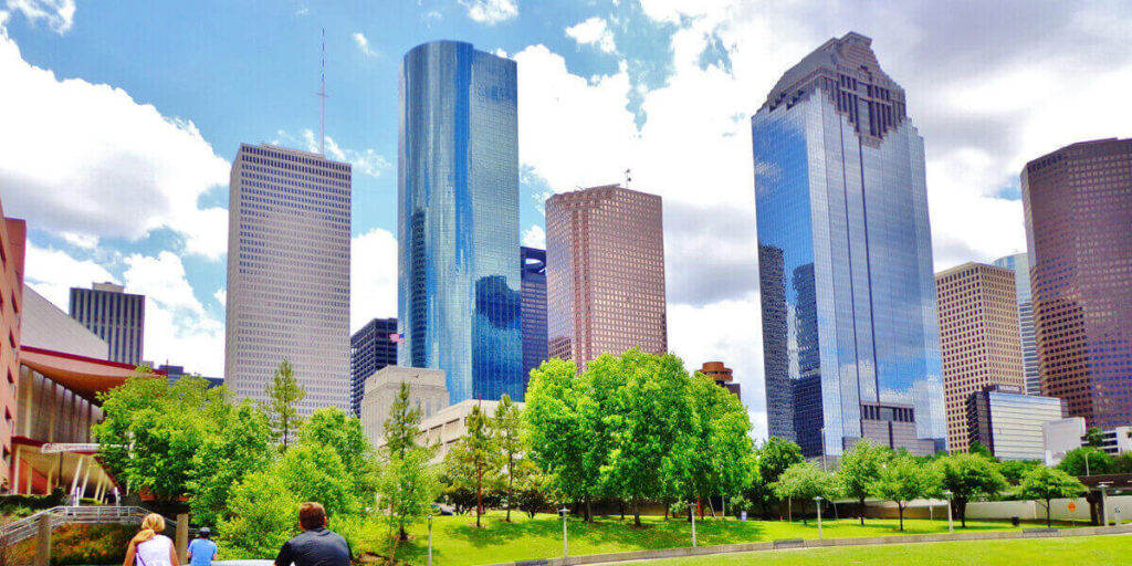 Downtown Houston skyline from a park in Houston, TX.