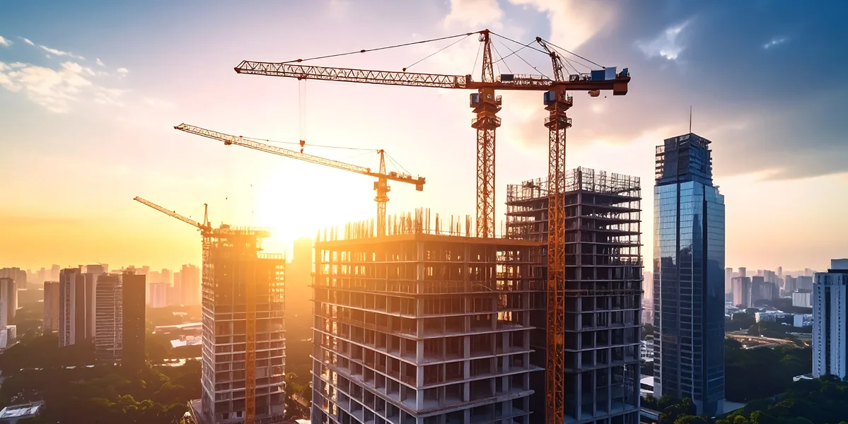 Downtown skyline at sunrise showing a building being built with multiple large construction tower cranes in view.
