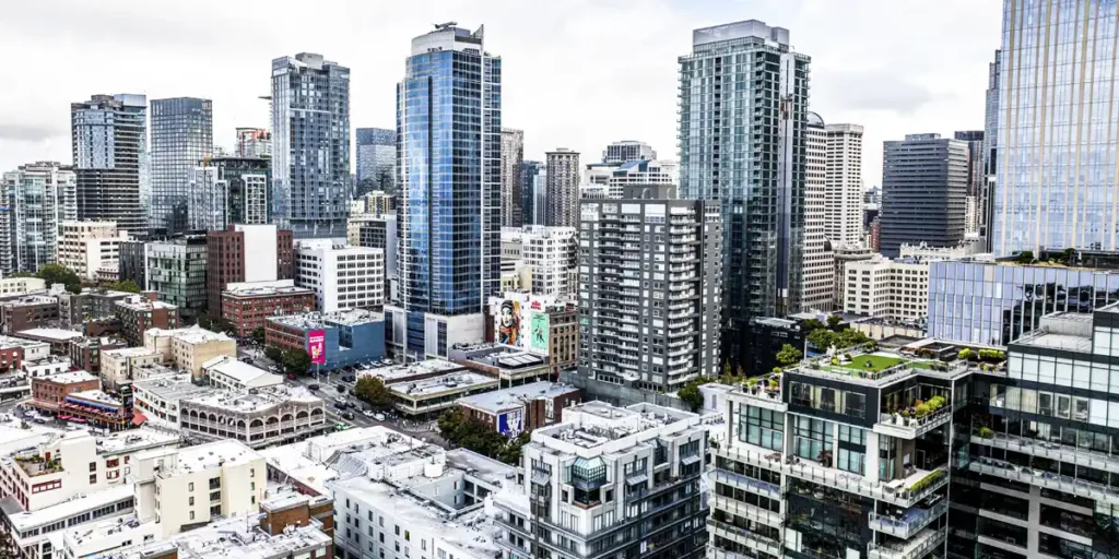 Aerial view of Downtown Seattle showing multiple buildings.