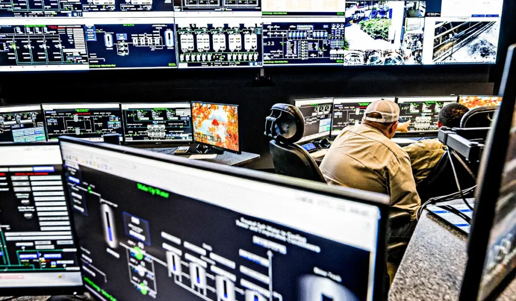 Two CenTrio operators in our National Operations Center monitoring our systems around several screens.