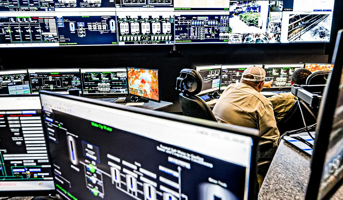Two CenTrio operators in our National Operations Center monitoring our systems around several screens.