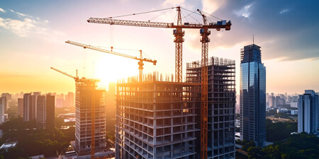 Downtown skyline at sunrise showing a building being built with multiple large construction tower cranes in view.