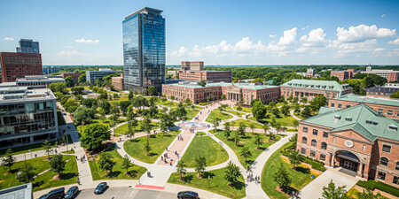 Large aerial view of a generic campus with multiple buildings and people walking around different concrete paths.