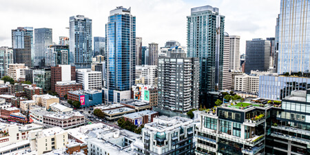 Aerial view of Downtown Seattle showing multiple buildings.