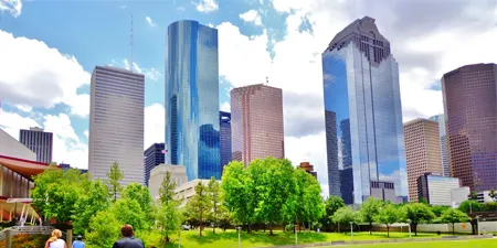 Skyline photo of downtown Houston.