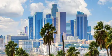 Skyline photo of downtown Los Angeles.