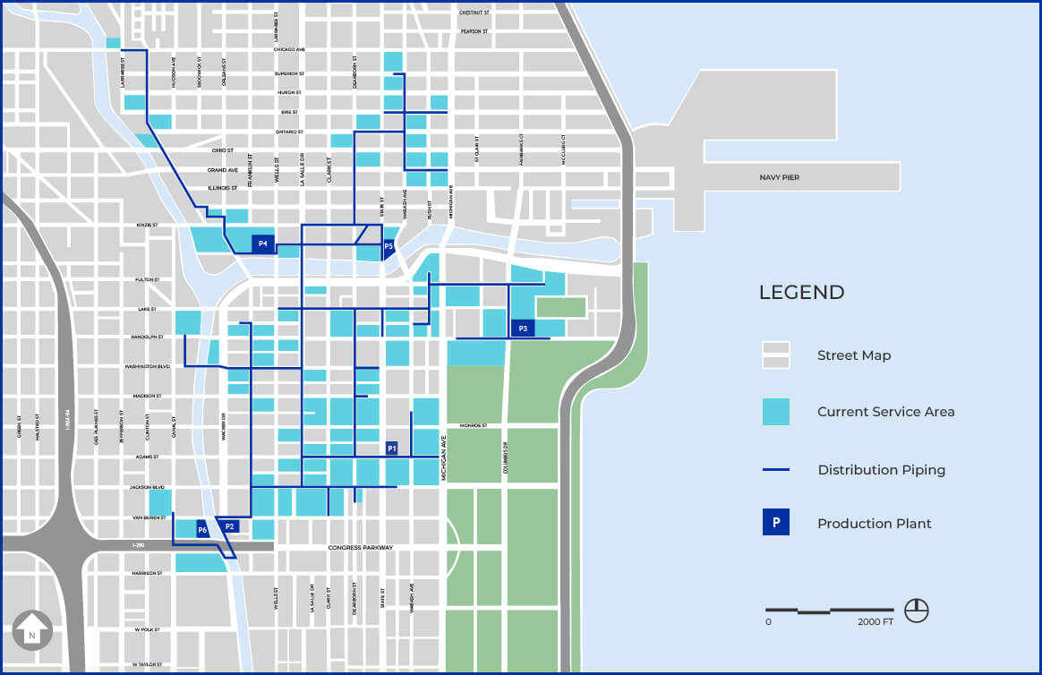 CenTrio Chicago district cooling network map showing distribution plants and underground piping across downtown Chicago.