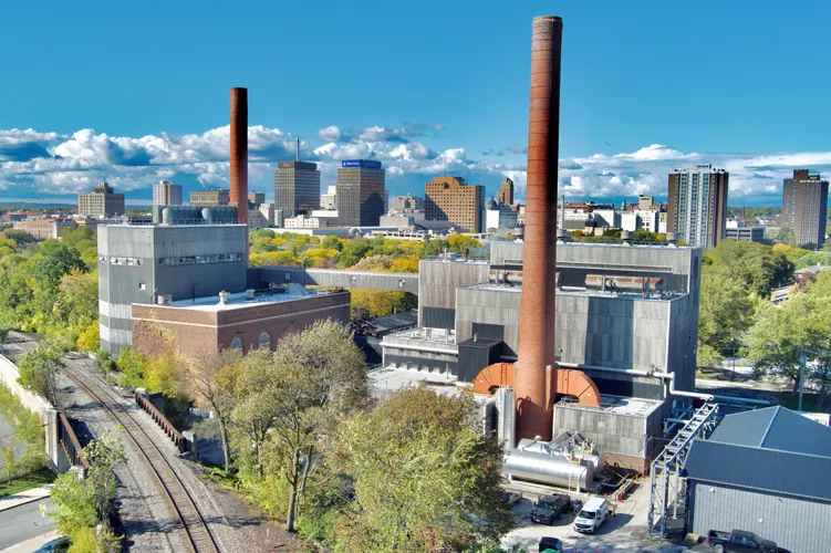 Arial view of our Syracuse University CenTrio plant on a sunny day in Syracuse, NY.