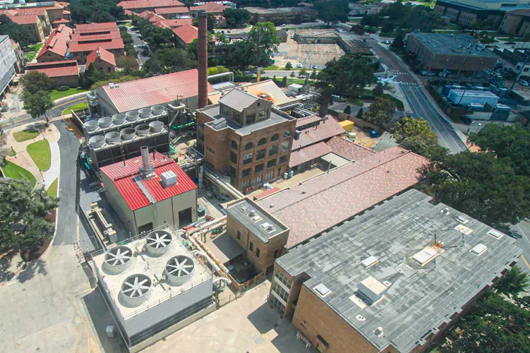 Exterior aerial view photo of our CenTrio plant on campus at Louisiana State University.