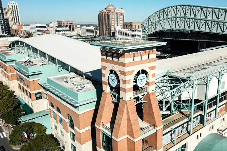 Aerial view of Daikin Park in Houston, TX.