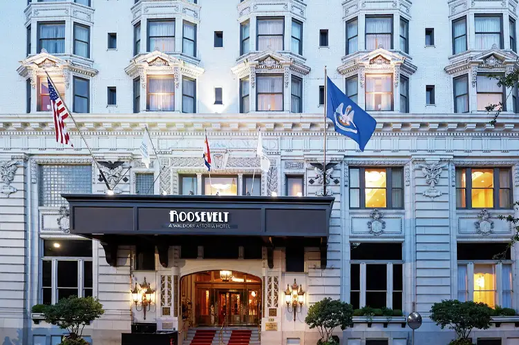 Front view from street level of The Roosevelt Hotel in New Orleans, LA