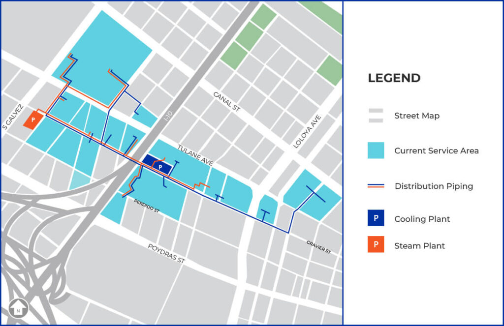 CenTrio New Orleans district energy network map showing chilled water and steam distribution across downtown buildings.