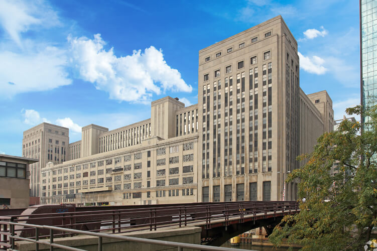 Photo showing the old Chicago Main Post Office building that is now office space.
