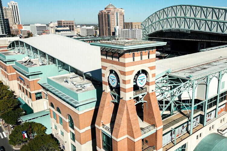 Aerial view of Daikin Park in Houston, TX.