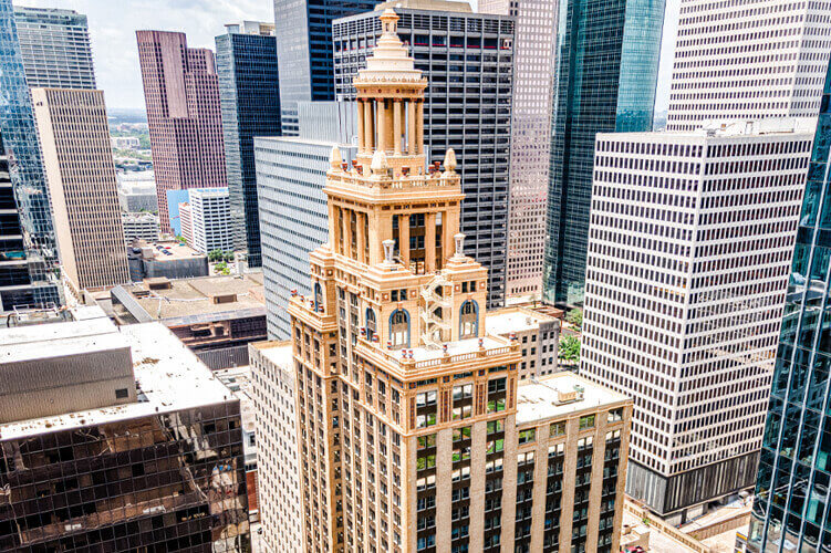 Aerial view looking down at the Esperson Flex Building in Houston, TX.
