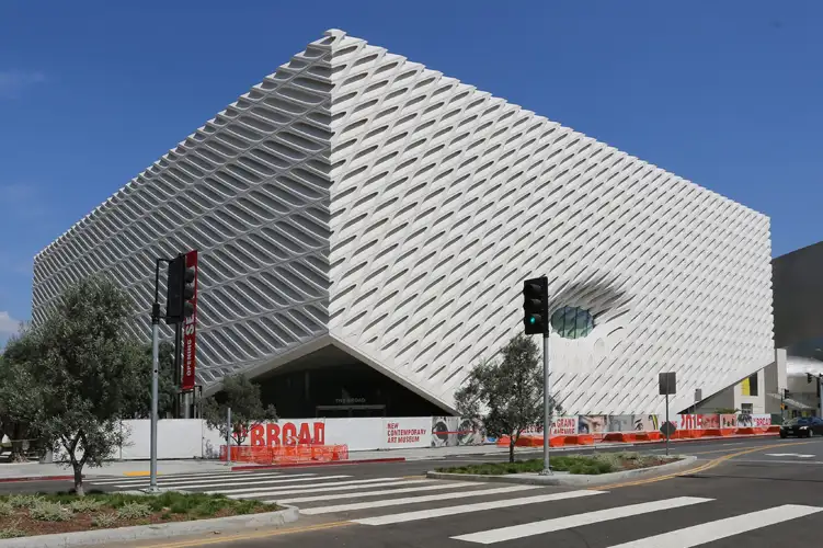 Front street level photo of the front of The Broad Museum in Los Angeles, CA