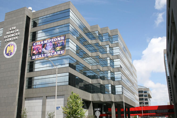 Front view from street level of the outside of the LSU Health Sciences Center