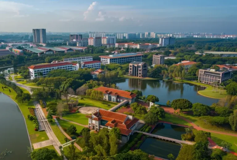 Generic photo of an aerial viewpoint of a campus location showing lakes and multiple buildings.