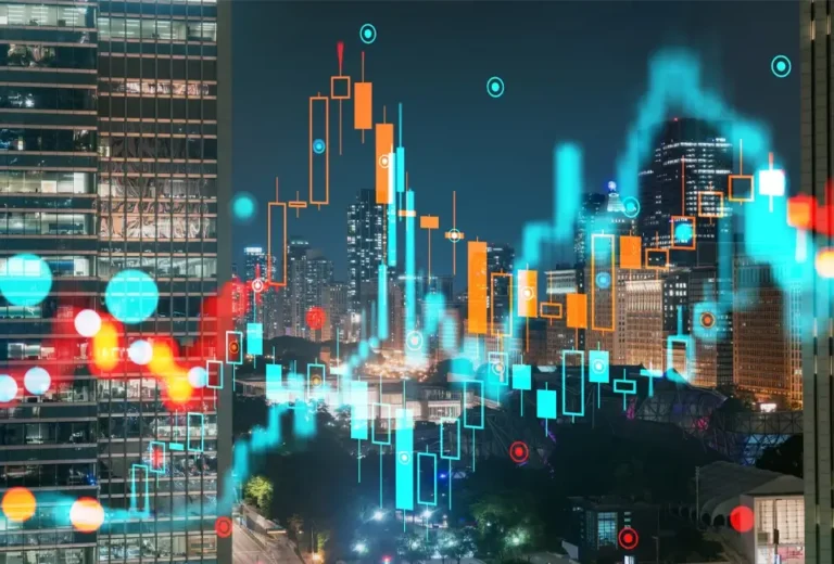 Night cityscape overlaid with colorful digital holograms, representing data. Graphic design on an urban background. Technology concept. Double exposure