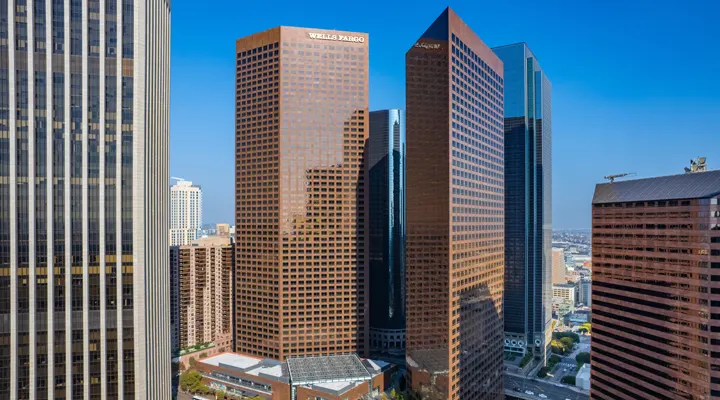 Aerial view of the Wells Fargo Center buildings in Los Angeles, CA