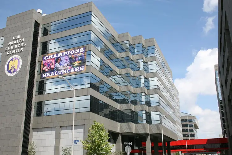 Front view from street level of the outside of the LSU Health Sciences Center