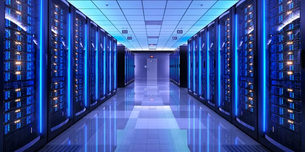 Inside a data center room with multiple large data servers on both side with an exit door in the back with a purple overlay.