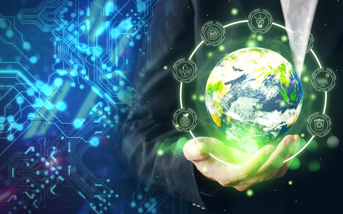 Image showing a blue tech background on the left side and fades to a man’s hand with a globe hovering about it with a green glow and a circle of sustainable icons around it.