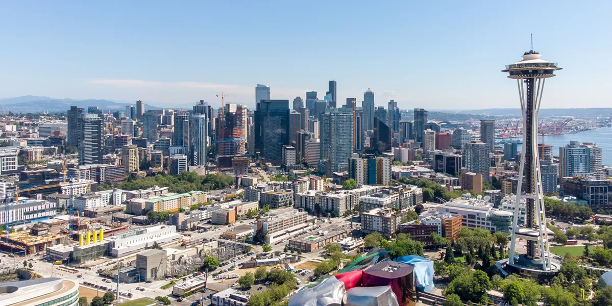 Downtown Seattle skyline on a clear day with the Space Needle.