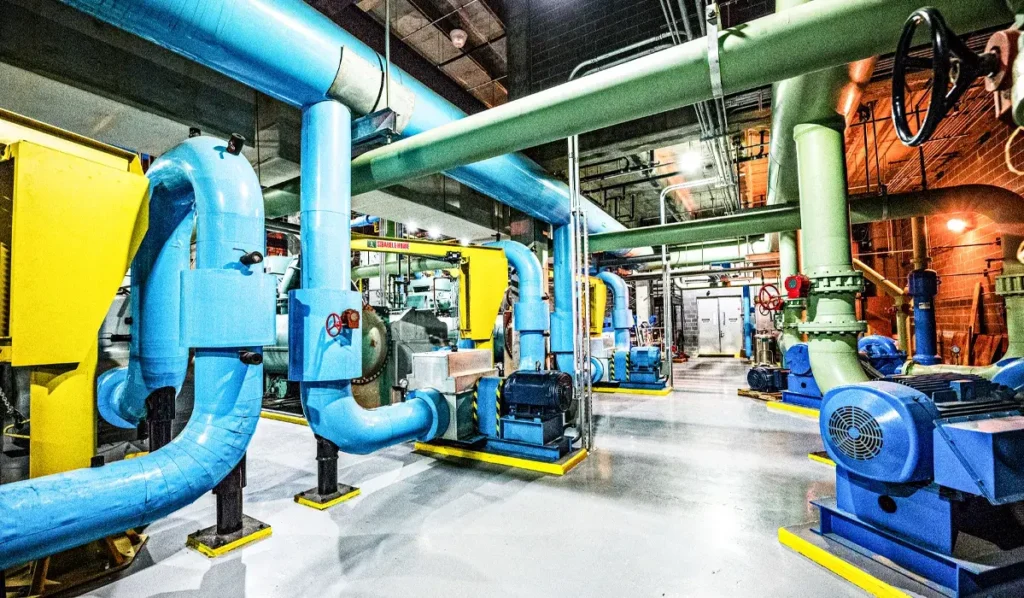A look inside our Houston, TX Union Station Plant showing piping and several pieces of equipment in a large open space.