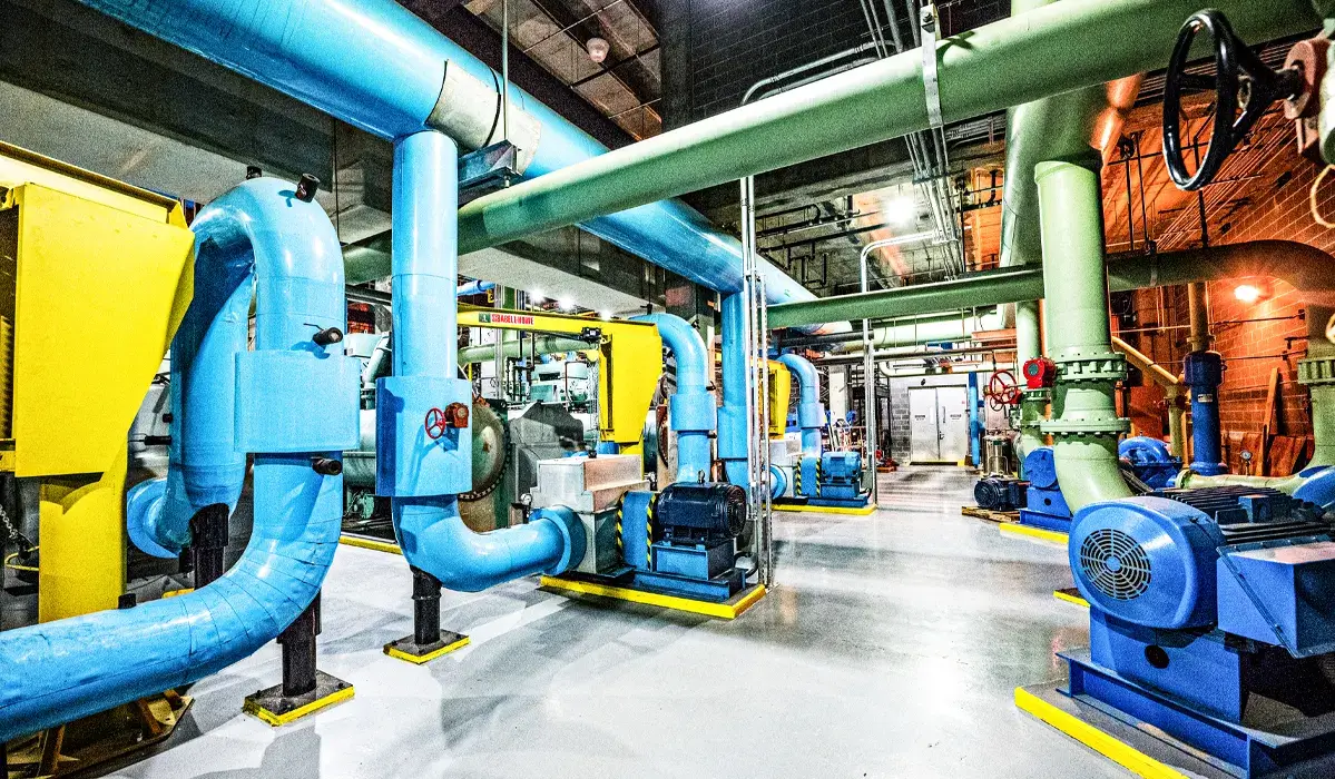 A look inside our Houston, TX Union Station Plant showing piping and several pieces of equipment in a large open space.