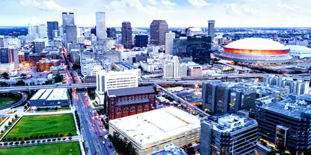New Orleans city skyline with historic French Quarter buildings and urban landscape