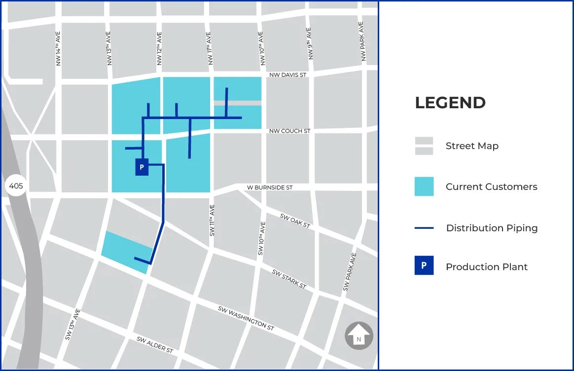 Map of downtown Portland highlighting CenTrio’s energy infrastructure, including distribution piping, customer locations in light blue, and a production plant marked with a dark blue "P" icon.