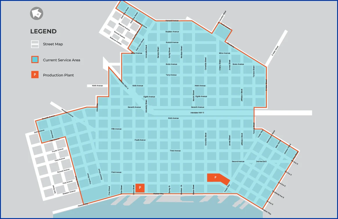 A street map of downtown Seattle highlighting the CenTrio current service area in light blue, bordered in orange, with two production plant locations marked with orange icons.