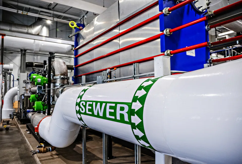 Large sewer pipe in view from within our National Western Center CenTrio plant in Denver, CO.