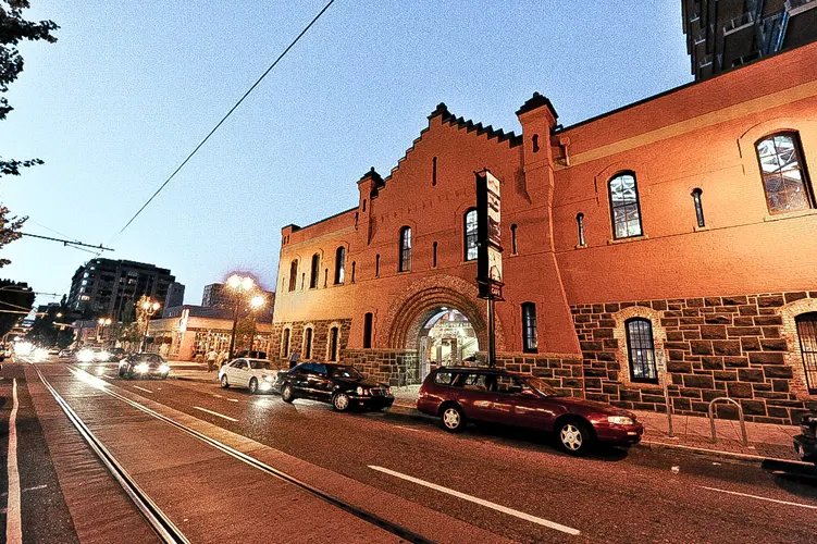 Street view across the street from the front entrance of Portland Center Stage building.