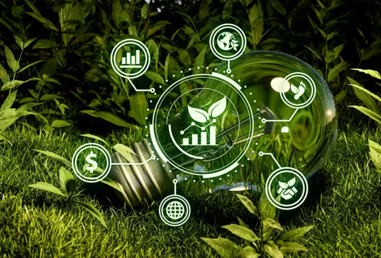 All green image with a green lightbulb in grass surrounded by plants and floating sustainability icons.