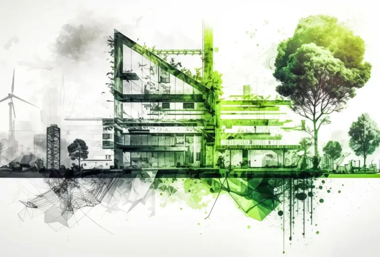 Image starting off on the left in gray colors and as you move to the right more green colors. Shows wind turbine and a building with plants growing on it with trees next to it.
