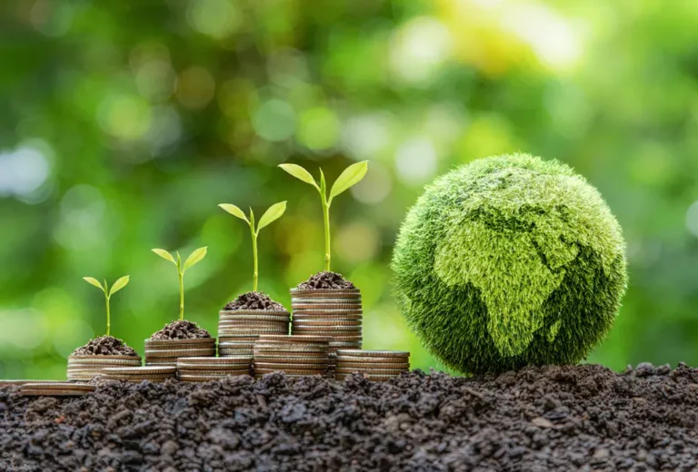 Coins stacked on dirt with a green background. The coins have four columns stacked a little higher than the next with a plant going on top of each set with a ball globe that looks like its growing grass on it.